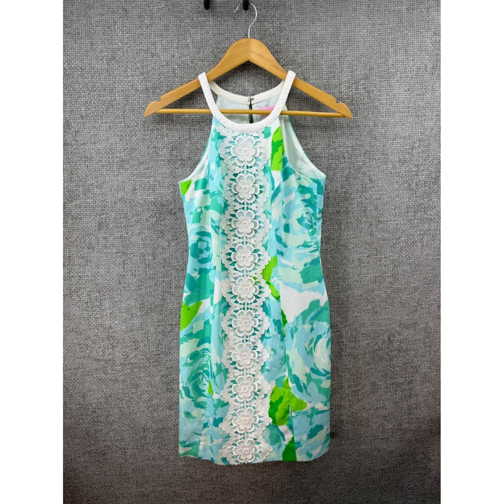 Lilly Pulitzer Shift Dress Women's Size 2 Blue Green Floral Lace Halter Preppy